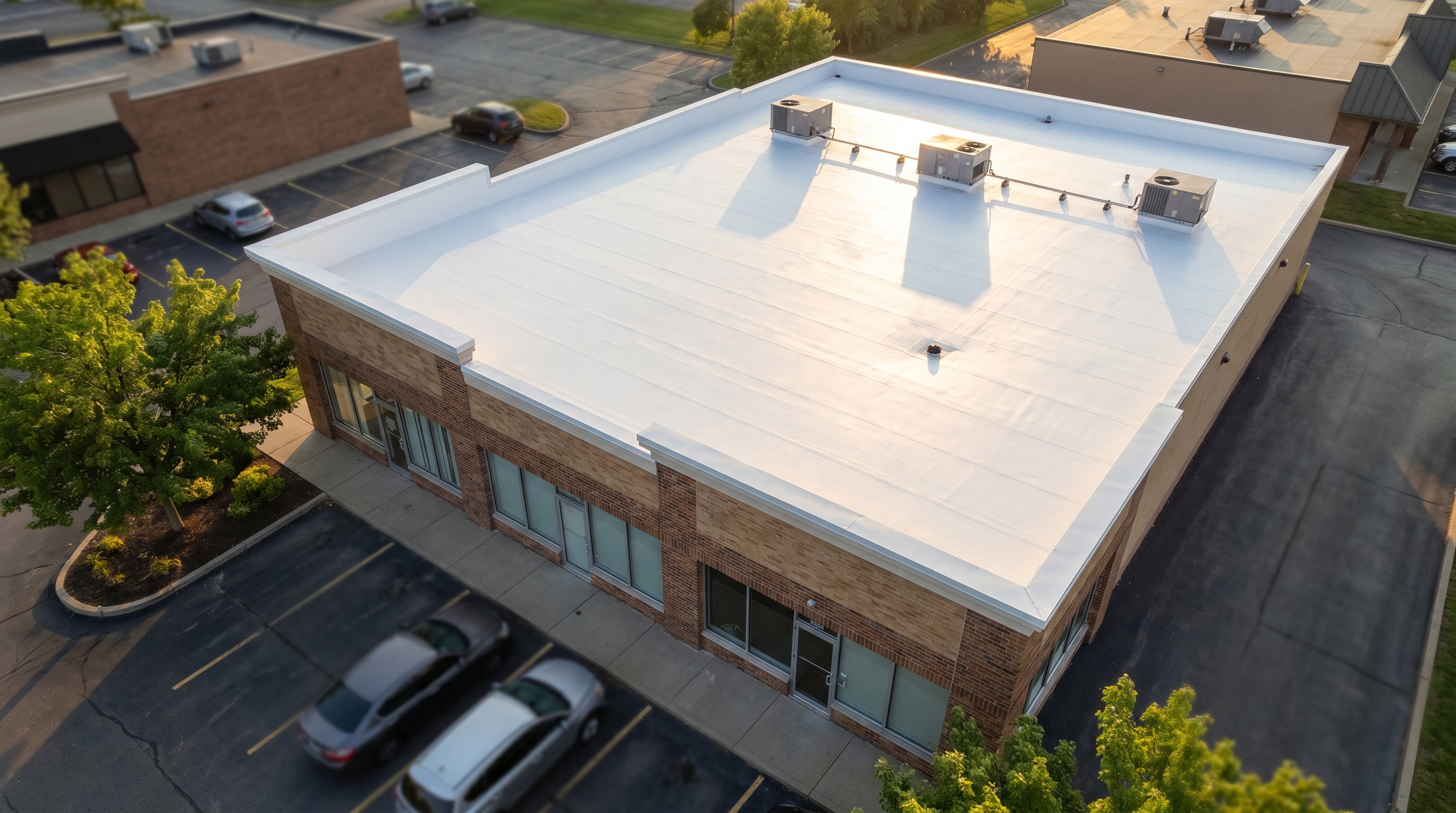 A large commercial building re-roofed by Crest Roofing in Northeast Ohio