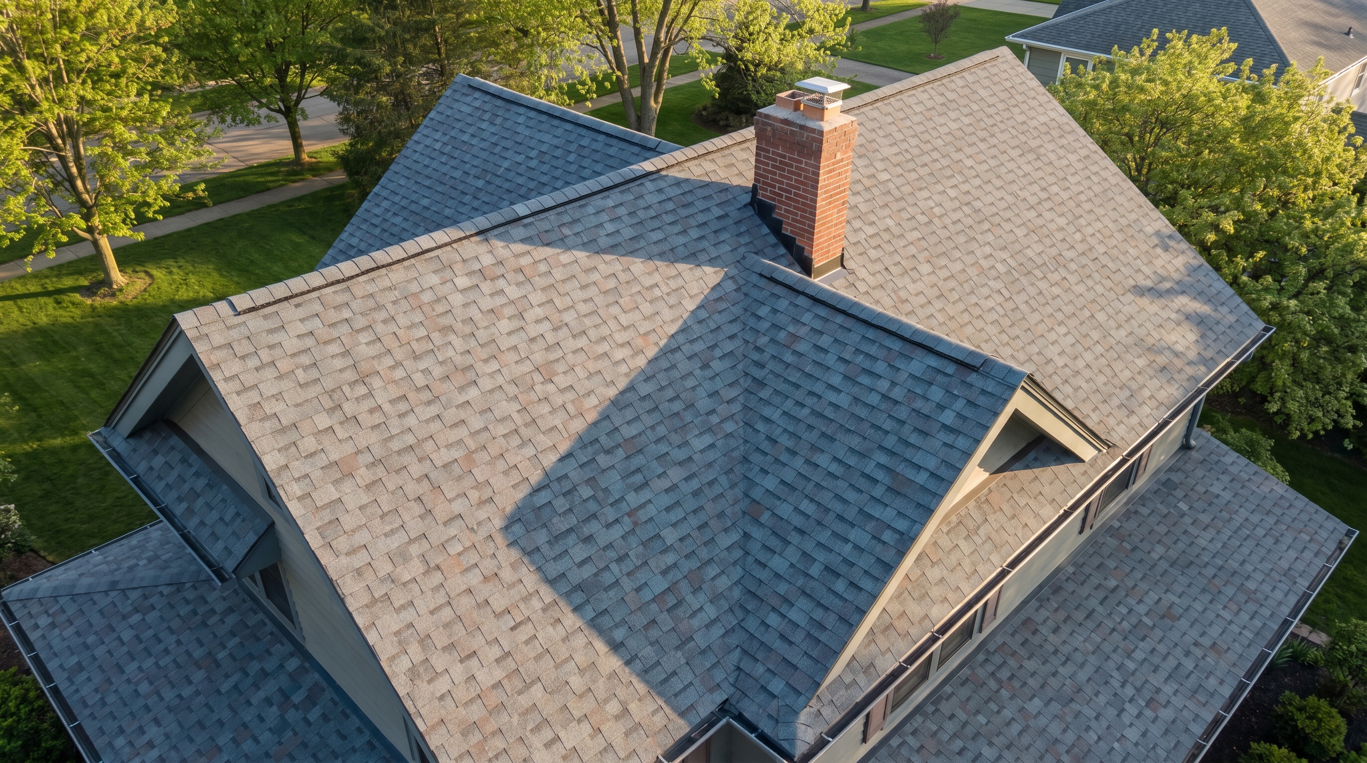 Aerial drone view of a freshly installed architectural shingle roof on a Northeast Ohio home