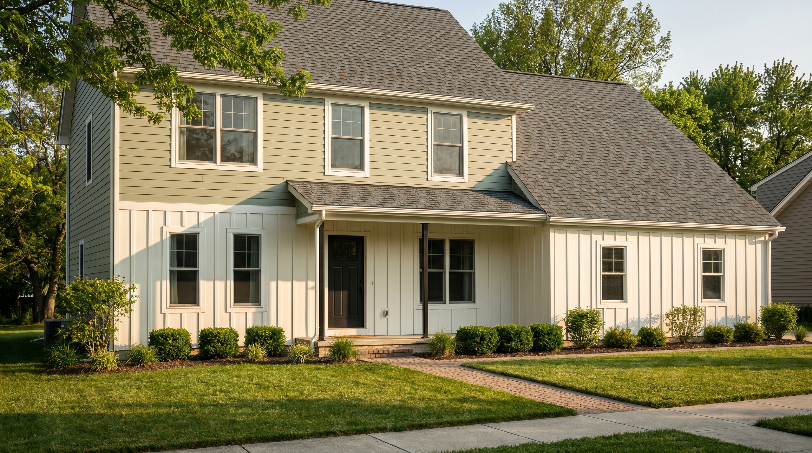 A modern farmhouse with fresh board-and-batten and lap siding by Crest Roofing