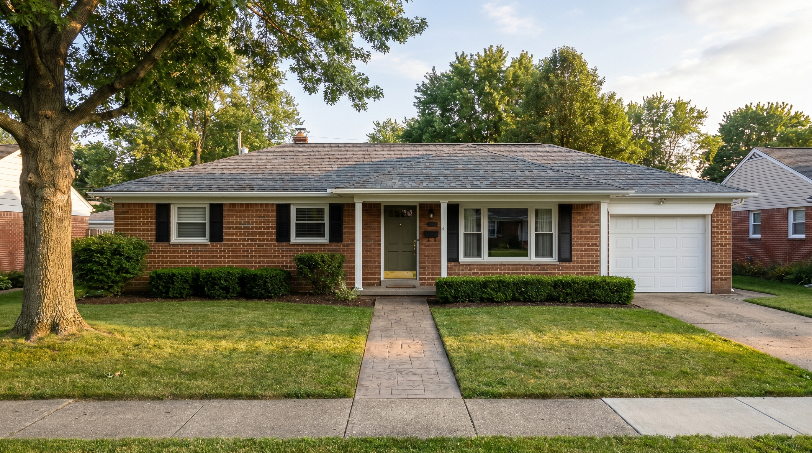 A brick ranch home with a new architectural shingle roof by Crest Roofing