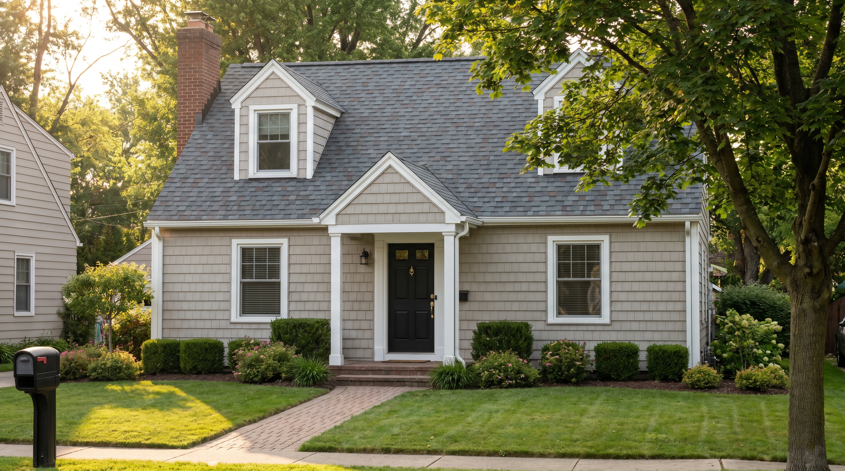 A warm gray cedar-shake-look Cape Cod in Northeast Ohio with a new architectural shingle roof by Crest Roofing