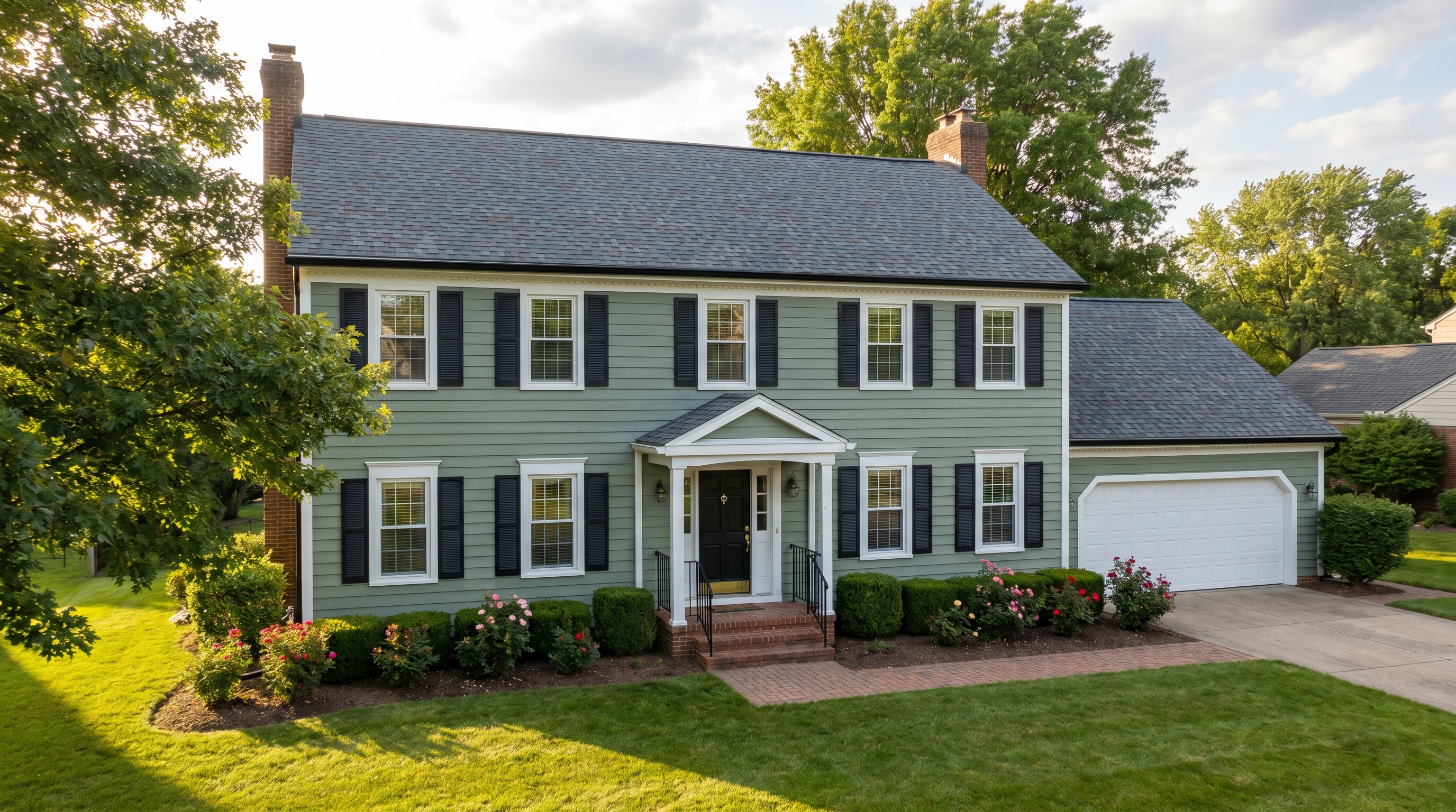 A two-story green clapboard Colonial home in Northeast Ohio with a new architectural shingle roof by Crest Roofing