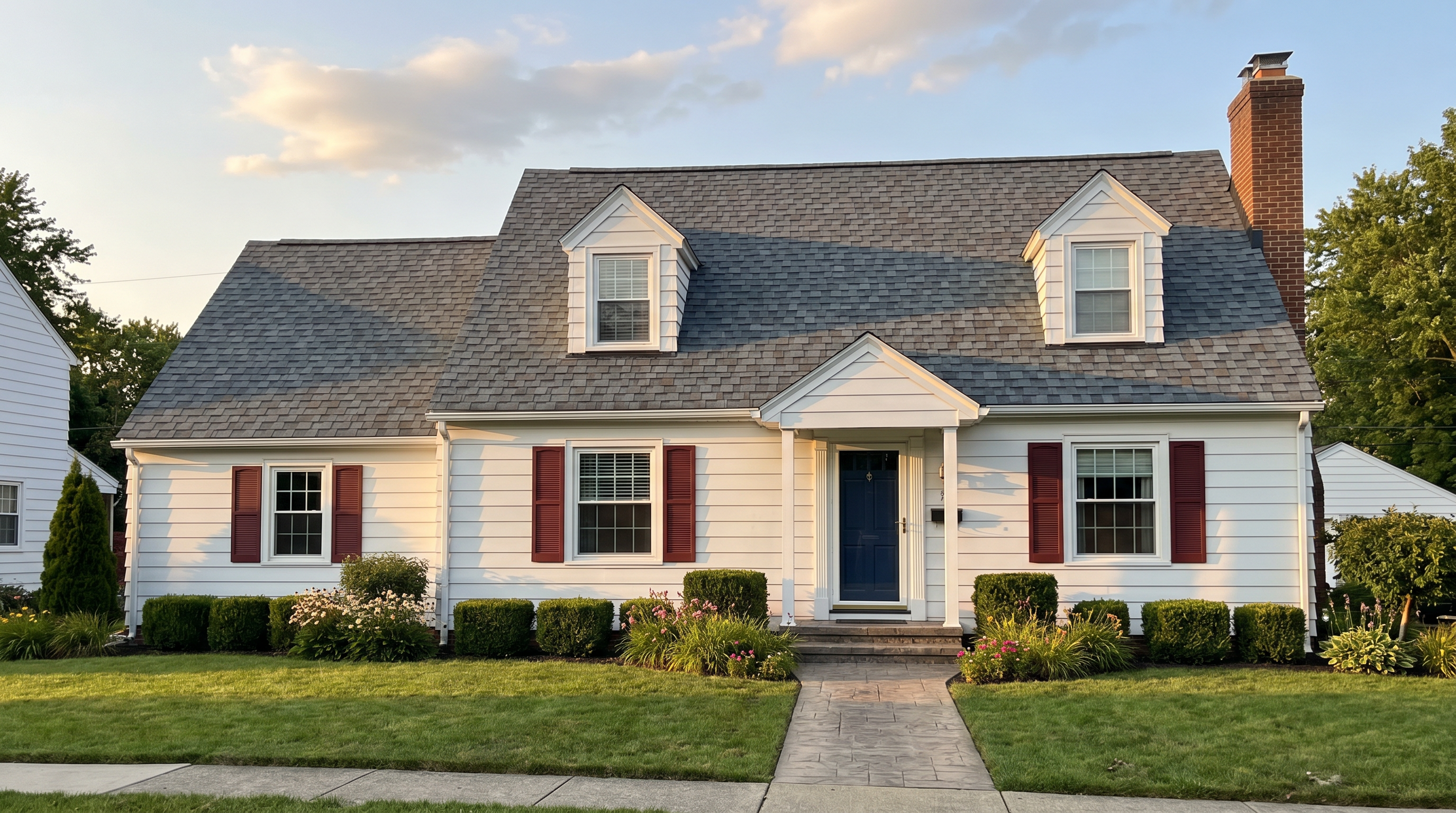 A white Cape Cod home with red shutters and a new architectural shingle roof by Crest Roofing