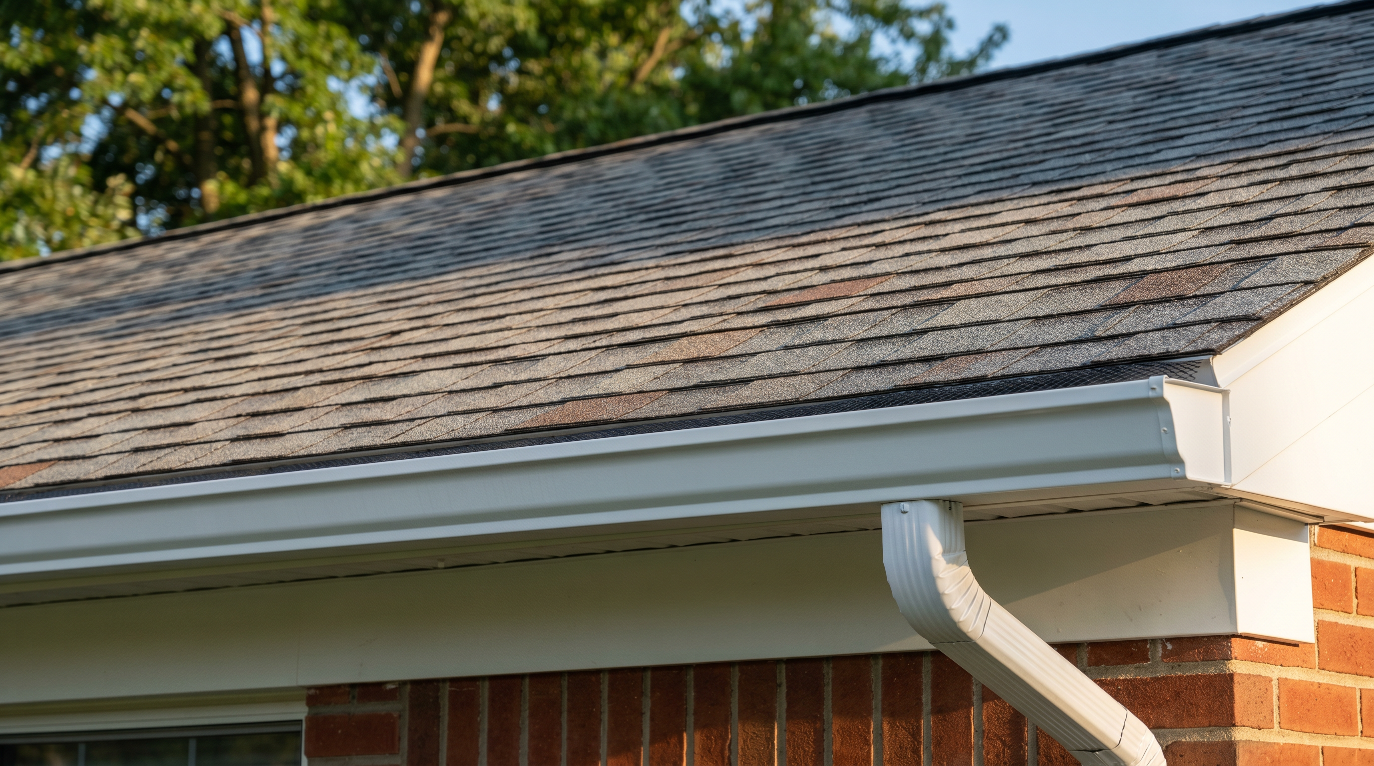 New architectural shingle roof and seamless gutters installed by Crest Roofing